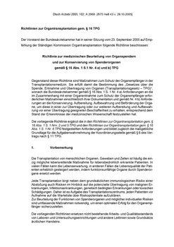 Richtlinie zur medizinischen Beurteilung von Organspendern und zur Konservierung von Spenderorganen (23.09.2005)