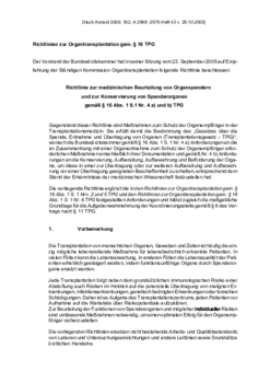 Richtlinie zur medizinischen Beurteilung von Organspendern und zur Konservierung von Spenderorganen (23.09.2005)