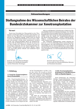 Stellungnahme des Wissenschaftlichen Beirates der Bundesärztekammer zur Xenotransplantation